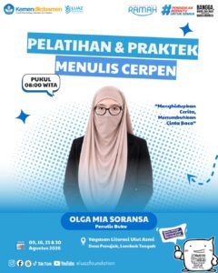 Poster Pelatihan dan Praktek Menulis Cerpen bersama Olga Mia Soransa di Yayasan Literasi Ulul Azmi Lombok Tengah Agustus 2026.