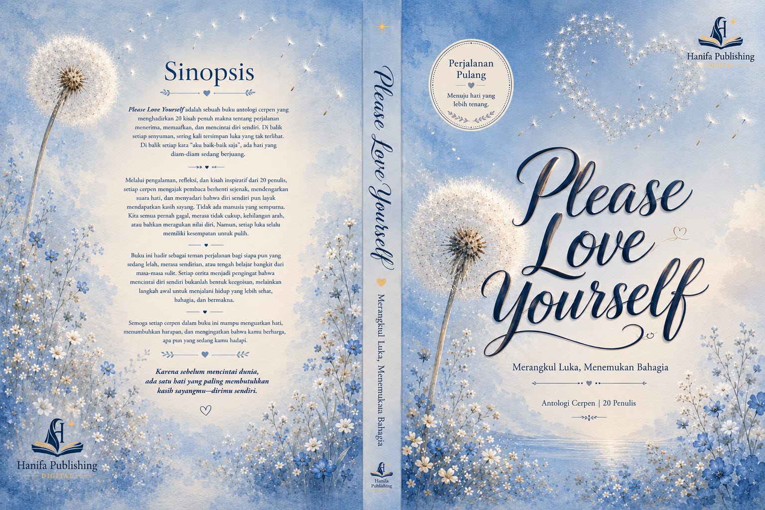 Cover buku antologi cerpen Please Love Yourself: Merangkul Luka, Menemukan Bahagia karya 20 penulis terbitan Hanifa Publishing Digital dengan ilustrasi bunga dandelion bernuansa biru yang melambangkan harapan, penyembuhan, dan cinta kepada diri sendiri.