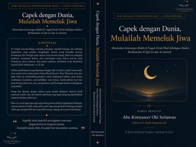 Desain cover depan, punggung buku, dan cover belakang buku Capek dengan Dunia, Mulailah Memeluk Jiwa karya Abu Kimyaseer Oki Setiawan dengan nuansa hitam elegan dan ilustrasi bulan sabit, diterbitkan oleh Hanifa Publishing Digital.