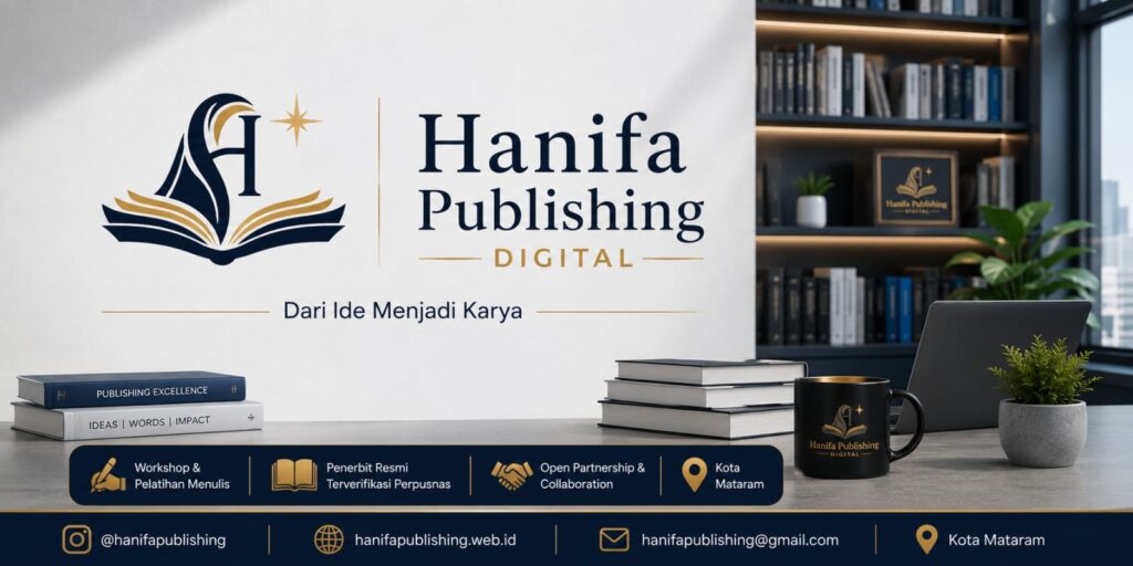 Banner resmi Hanifa Publishing Digital dengan logo perusahaan, slogan "Dari Ide Menjadi Karya", layanan penerbitan buku resmi terverifikasi Perpusnas, workshop dan pelatihan menulis, open partnership, serta informasi kontak website, email, Instagram, dan lokasi di Kota Mataram.